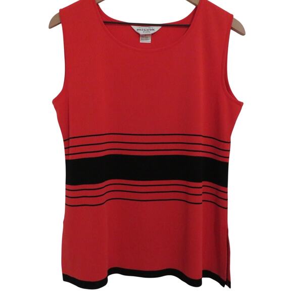 Misook Womens Sz L Red Orange Black Striped Sleeveless Knit Top - Picture 1 of 5